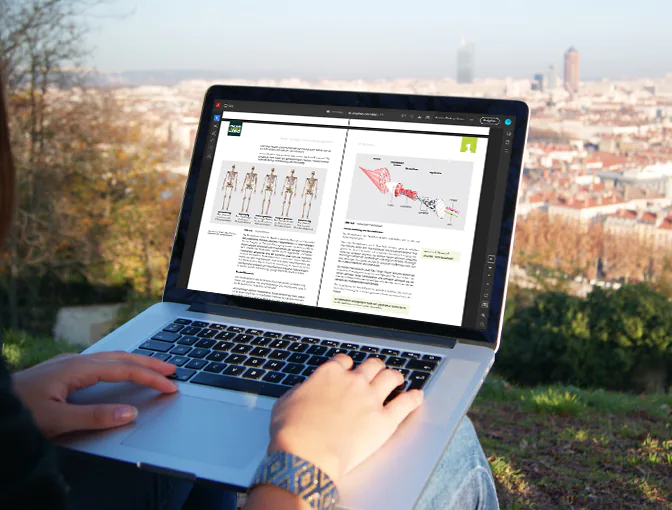 Foto einer Person, die in der Natur mit ihrem Laptop sitzt und Inhalte der Ernährungsberater Sport Ausbildung im Online Campus lernt