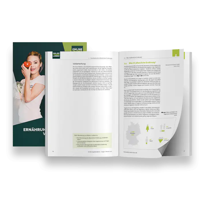 Ernährungsberater Vegan Lehrskript Darstellung des Ernährungsberater-Vegan-Lehrskripts: einmal in geschlossener und einmal in geöffneter Form, sodass zwei Seiten zu sehen sind.