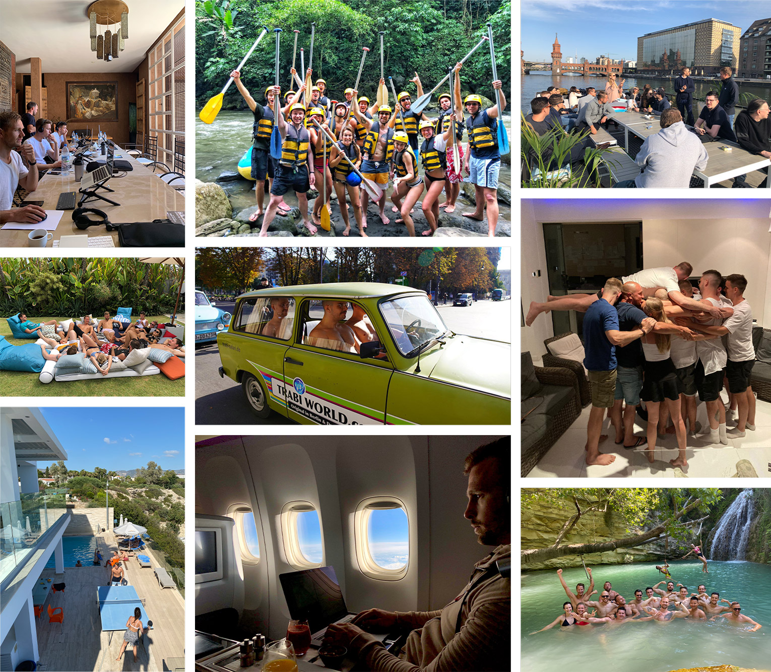 Collage von verschiedenen Teamausflügen der OTL Mitarbeiter, unter anderem beim Wasserrafting, an der Spree in Berlin oder in einem See in Thailand