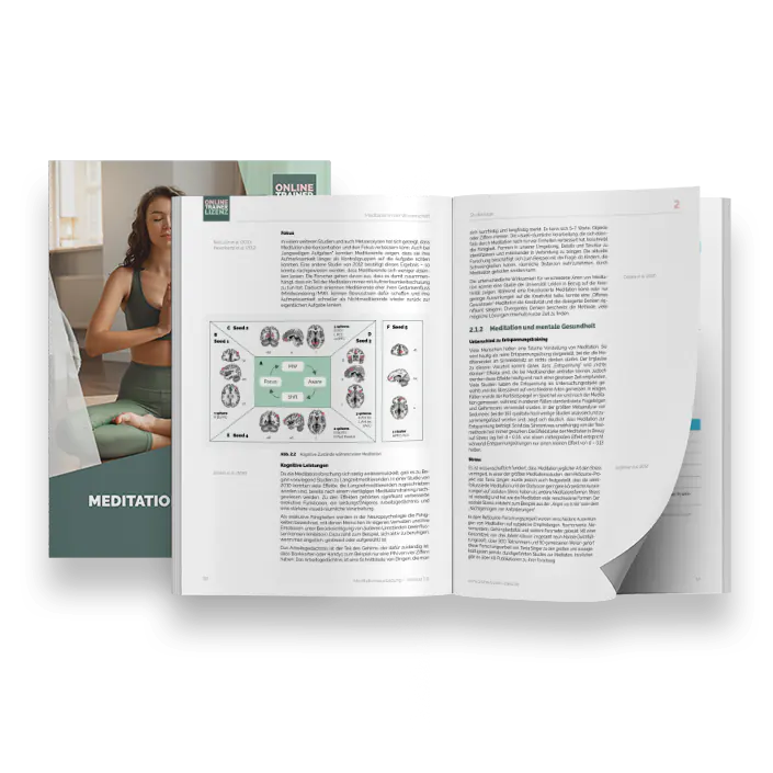 Darstellung des Meditationsausbildung-Lehrskripts: einmal in geschlossener und einmal in geöffneter Form, sodass zwei Seiten zu sehen sind.