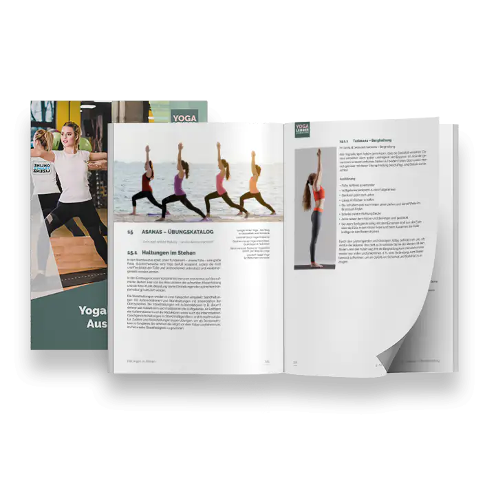 Darstellung des Yogalehrer-Lehrskripts: einmal in geschlossener und einmal in geöffneter Form, sodass zwei Seiten zu sehen sind.