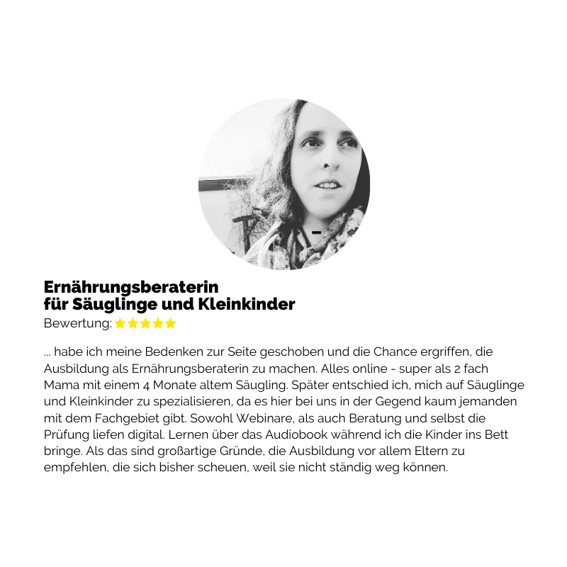 Charlotte, Junge Mutter mit Zertifikat – erfolgreiche Online-Ausbildung zur Ernährungsberaterin für Säuglinge und Kleinkinder, flexibel von zu Hause aus